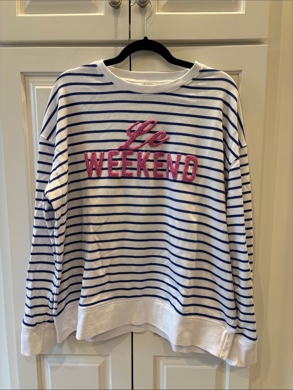 Shiraleah White & Blue Striped "Le Weekend" Embroidered Sweatshirt